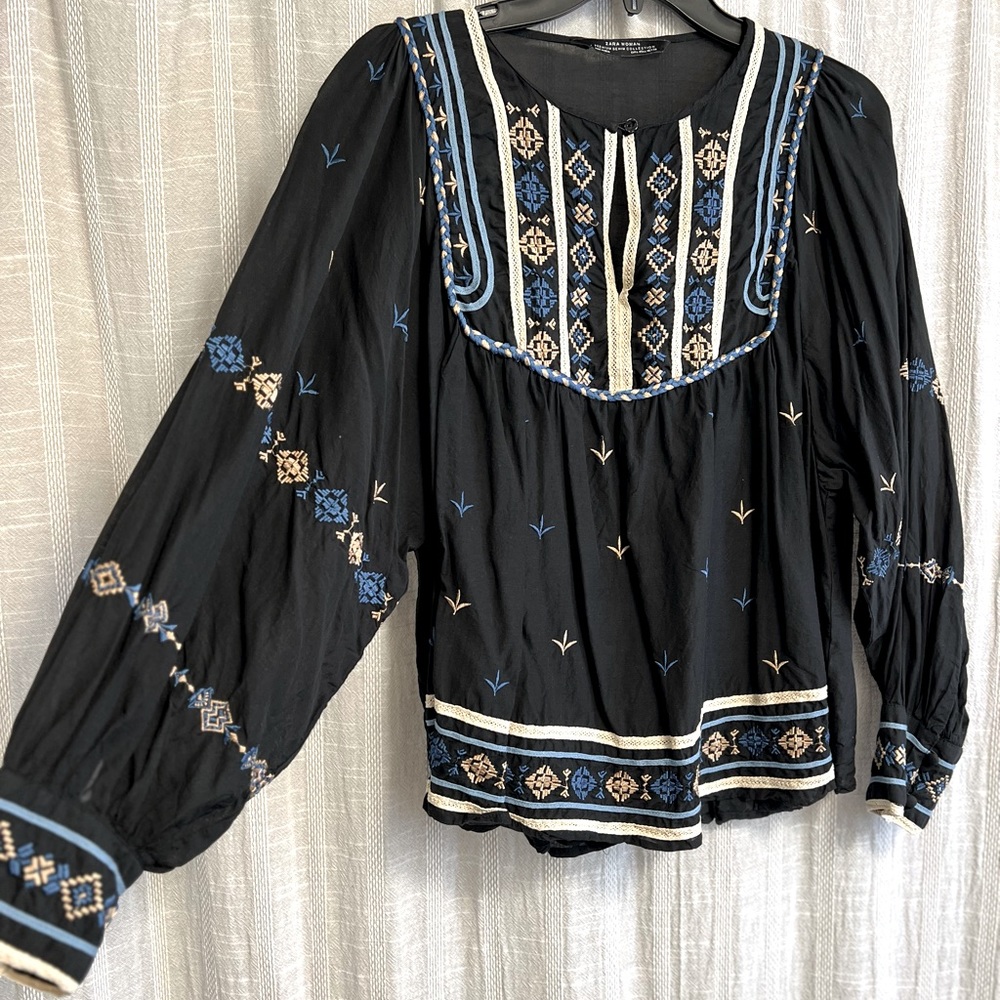 Zara • Bohemian Embroidered Balloon Sleeve Blouse